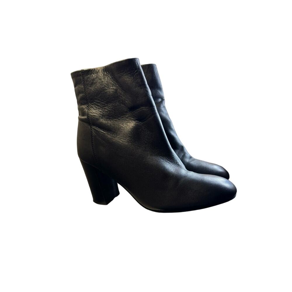 ASOS black soft leather chunky heel boots, zip, mid calf ankle women’s size 9